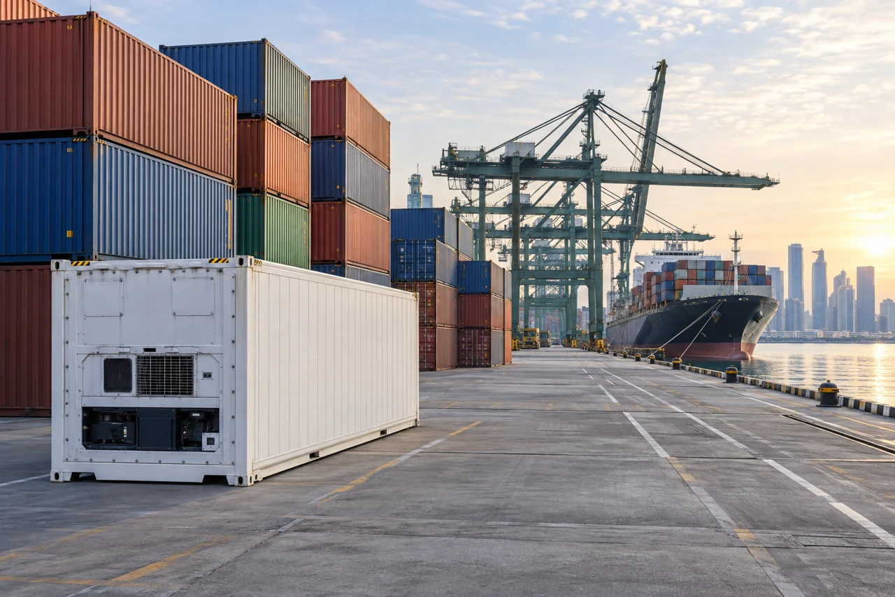 Illustration of refrigerated container shipping at an international port