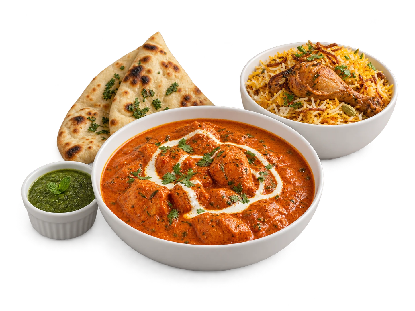 Indian range serving illustration with butter chicken, briyani and chutney