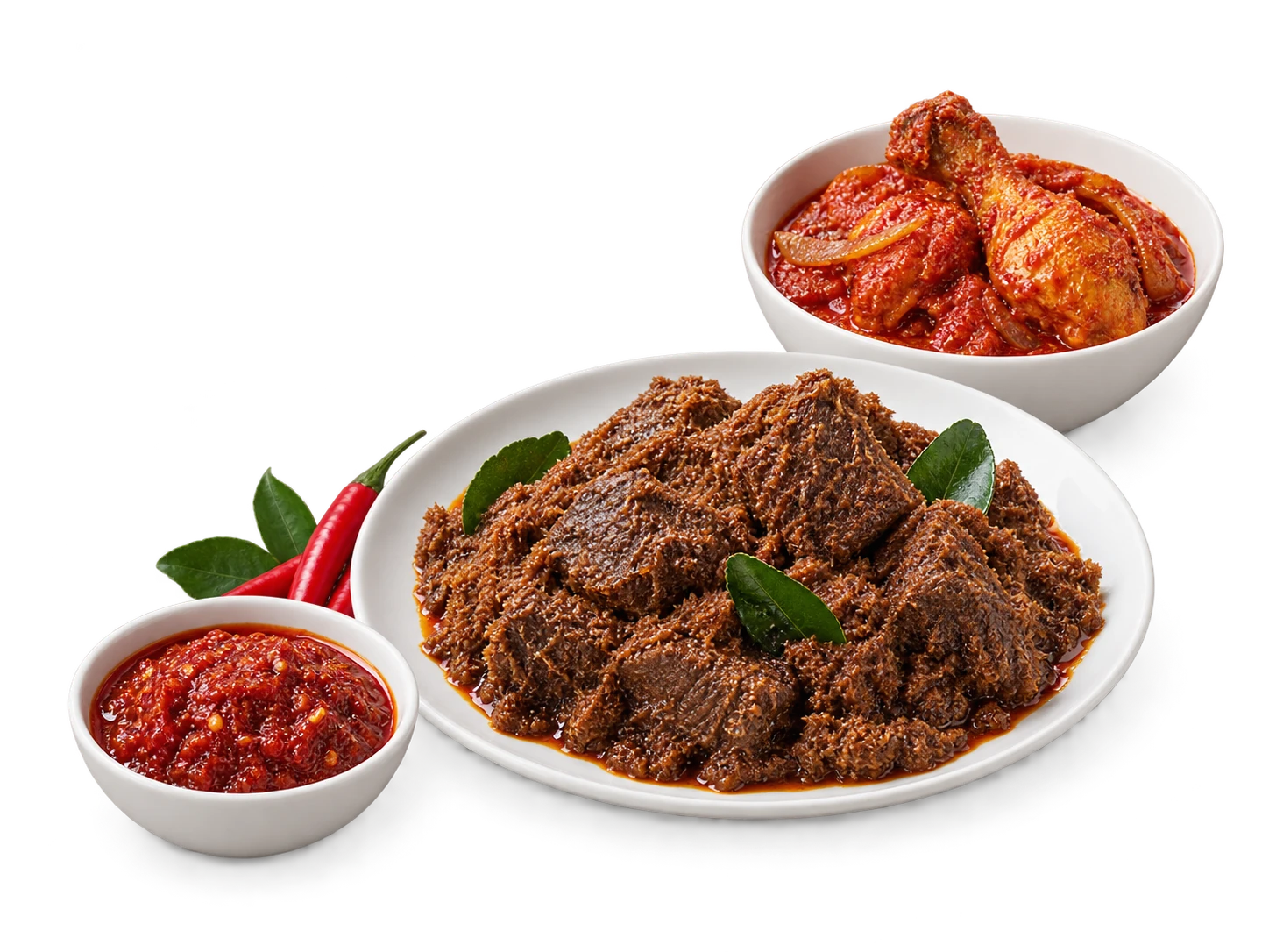 Malay range serving illustration with rendang, sambal and ayam masak merah