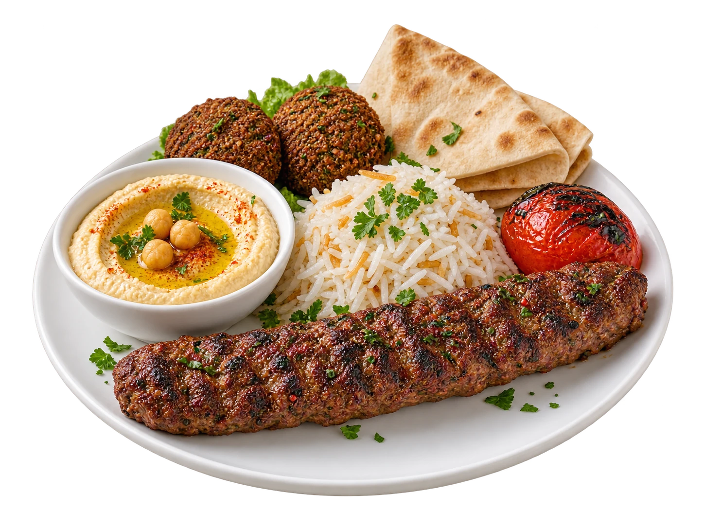 Middle Eastern range serving illustration with kebab, rice, hummus and falafel