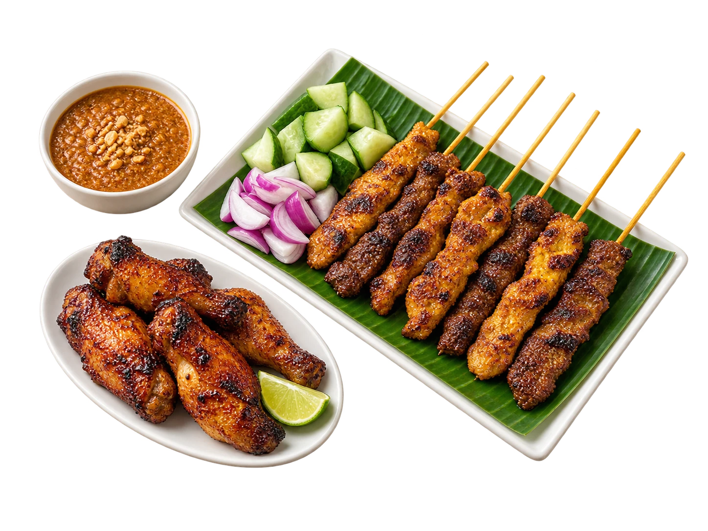 Satay skewers, peanut sauce and chicken wingsticks serving illustration