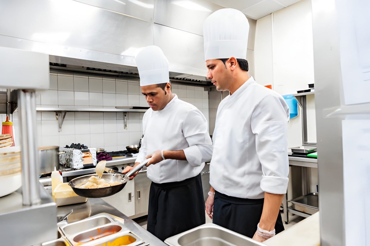 Two chefs preparing food in a professional kitchen