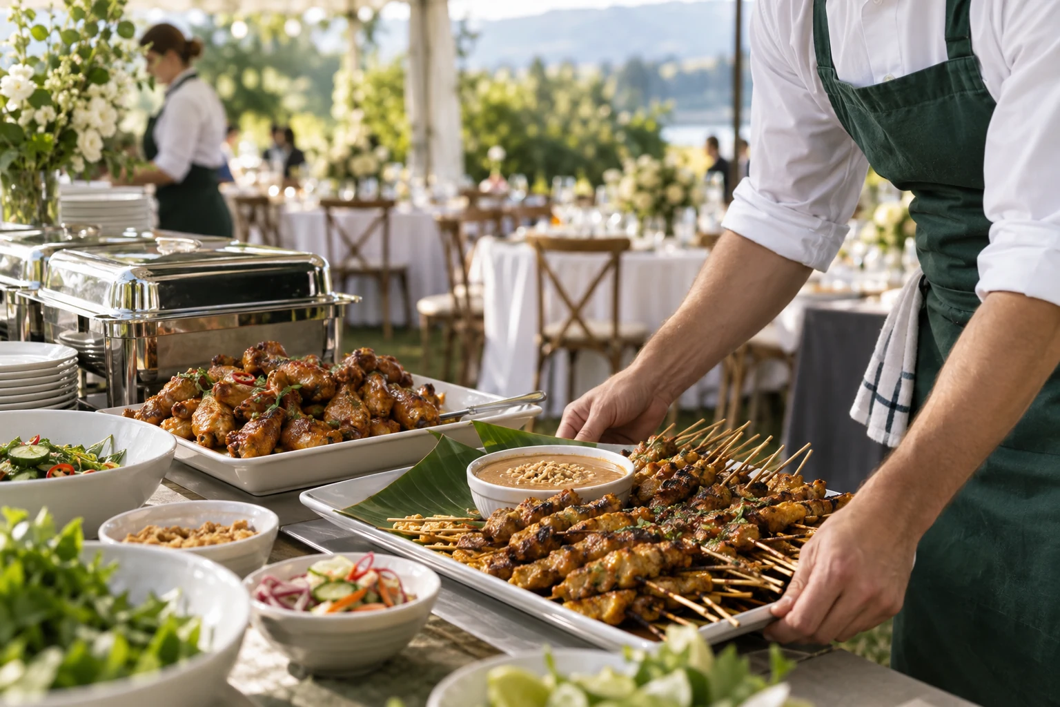 Illustrative event catering scene with satay and chicken wingsticks
