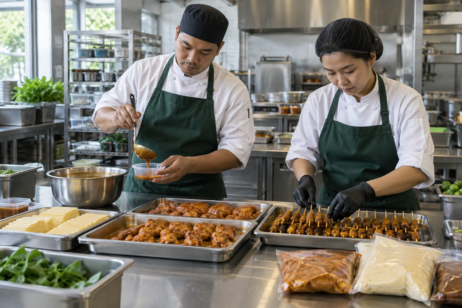 Illustrative central kitchen scene with cooks preparing satay and sauces
