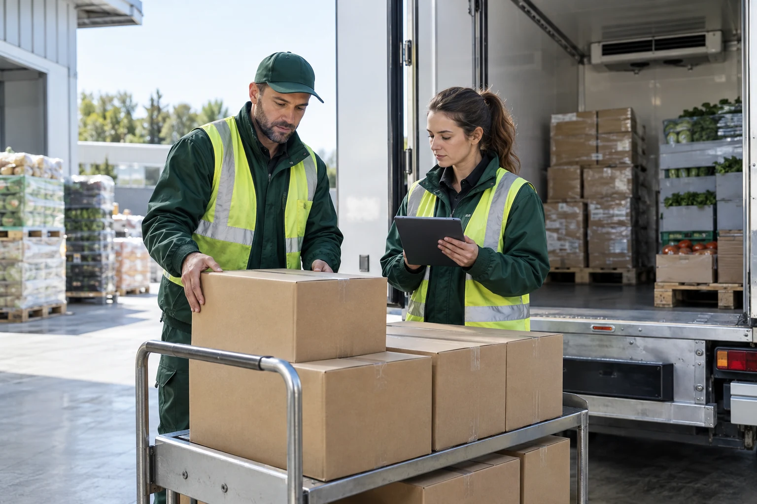 Illustrative food distribution scene with refrigerated delivery and cartons
