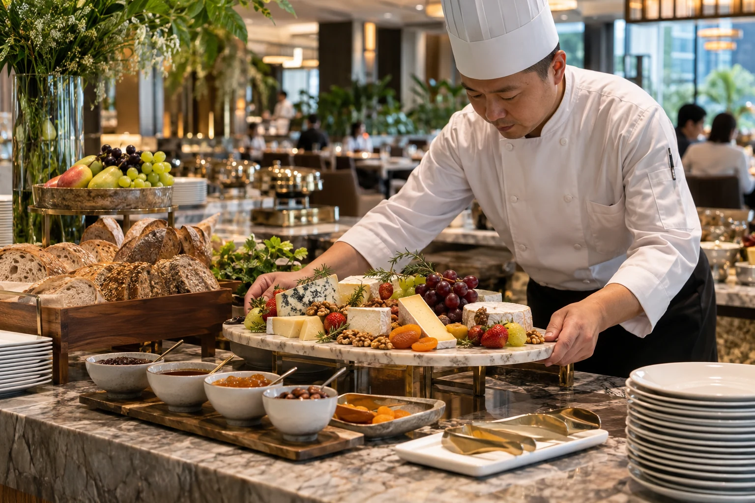 Illustrative hotel buffet scene with a chef presenting cheese and sauces
