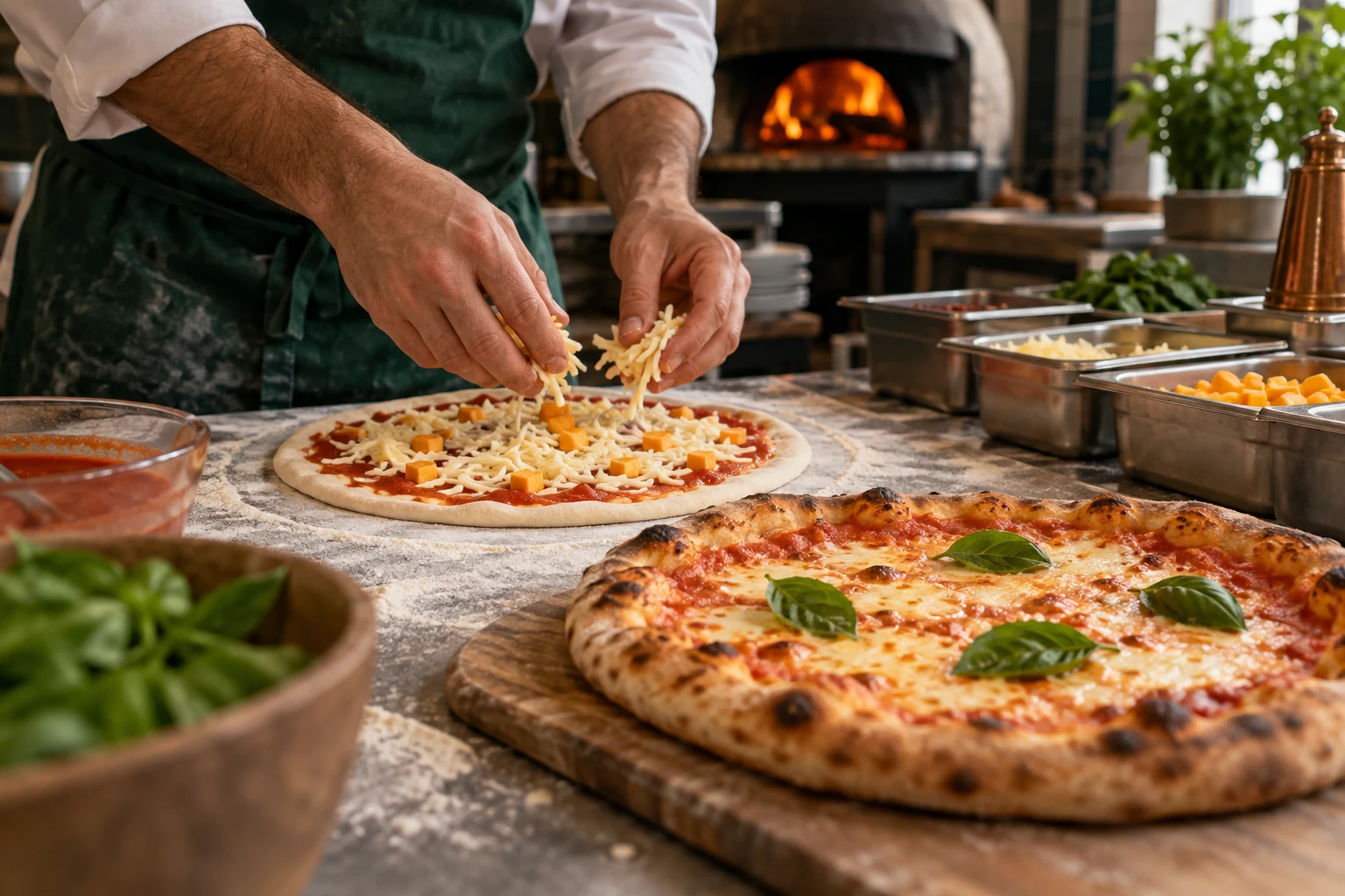Illustrative pizza kitchen scene with fresh cheese and pizza preparation
