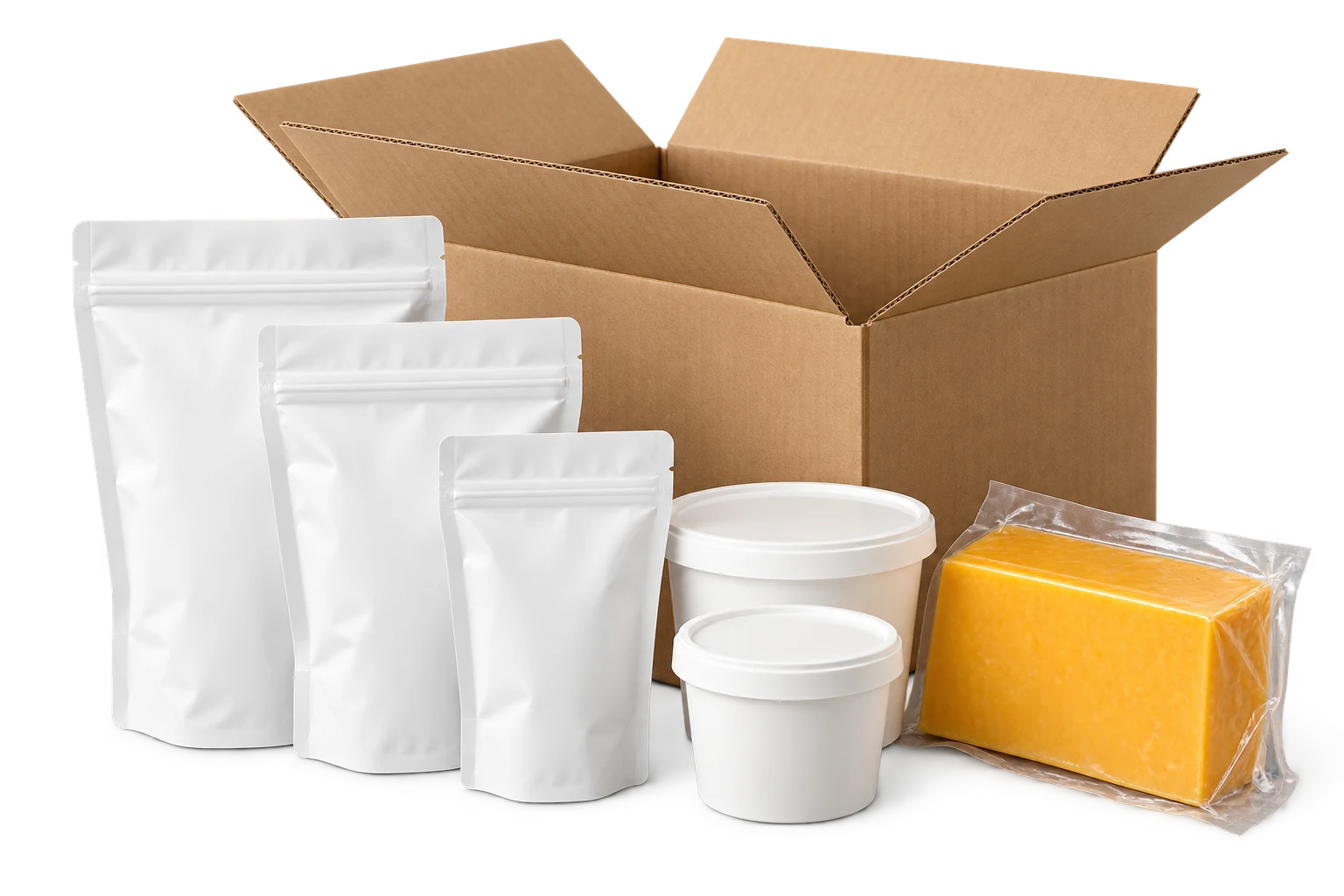 Illustration of a carton, unbranded pouches, tubs and cheese